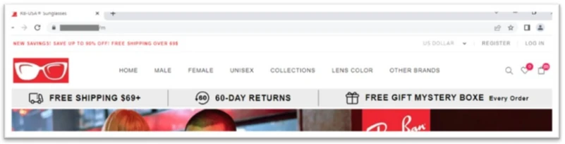 Screenshot of the top part of a fake Ray-Ban website.