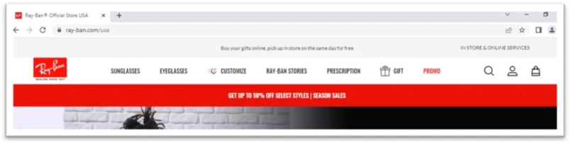 Screenshot of the top part of the real Ray-Ban website. Very similar, visually, to the fake one above.